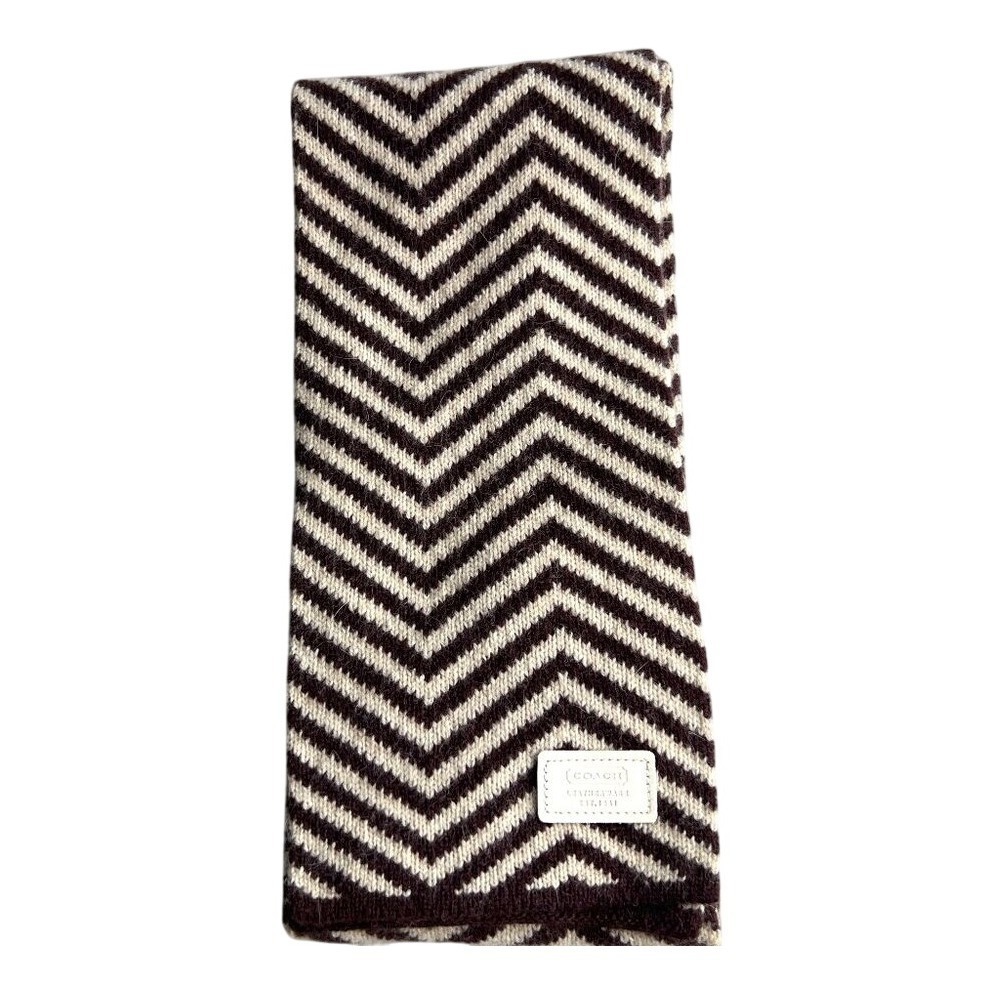 Coach Wool Blend Scarf 5.5" wide x 54" Long Brown Cream Chevron‎ Stripe Pattern
